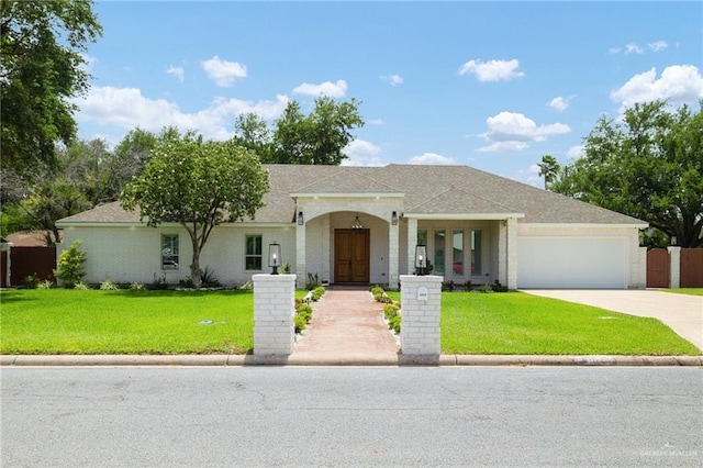 1313 Oriole Ave, Mcallen, TX 78504 - ranch-style house with concrete driveway, a front lawn, fence, a garage, and roof with shingles