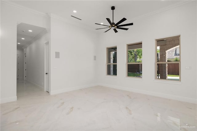1313 Oriole Ave, Mcallen, TX 78504 - empty room with visible vents, baseboards, recessed lighting, a ceiling fan, and ornamental molding