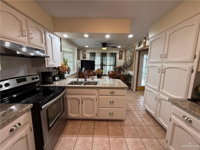 2312 Yarrow St, Mission, TX 78574 - kitchen with electric stove, a sink, a peninsula, under cabinet range hood, and white cabinetry