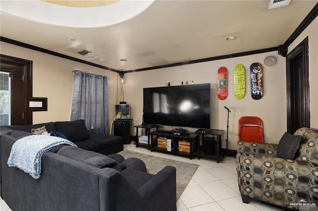 living room featuring crown molding and light tile patterned flooring