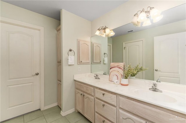 bathroom featuring tile patterned flooring, vanity, and a chandelier