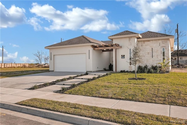 view of front of property featuring a garage, concrete driveway, stone siding, stucco siding, and a front lawn