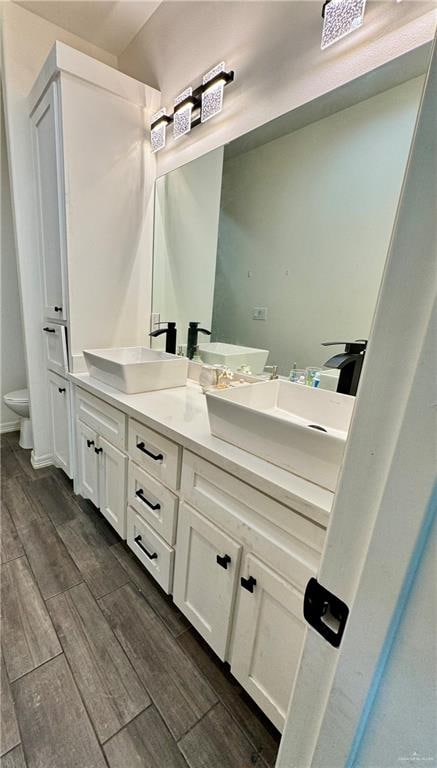 bathroom with vanity, wood-type flooring, and toilet