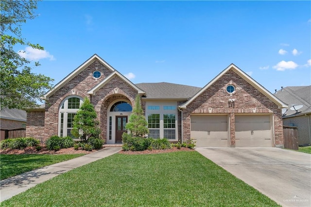 3606 Santa Lucia St, Mission, TX 78572 - view of front of house with brick siding, a garage, driveway, and a front yard