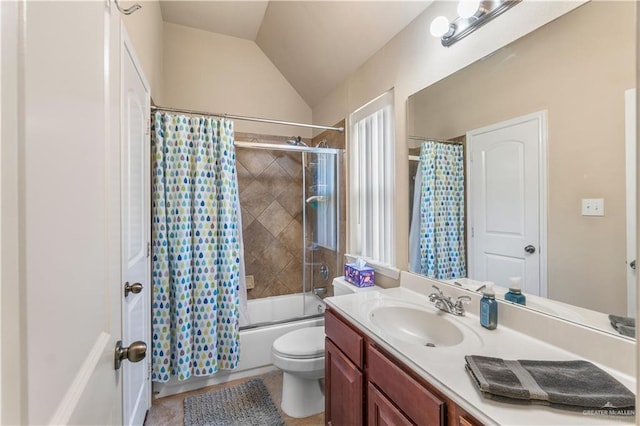 3606 Santa Lucia St, Mission, TX 78572 - full bathroom with shower / bath combination with curtain, vanity, toilet, lofted ceiling, and tile patterned floors