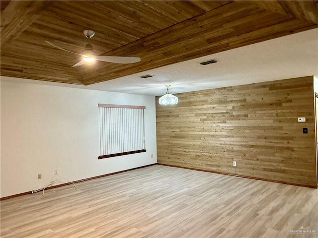 empty room with ceiling fan, wooden ceiling, wood walls, wood finished floors, and visible vents