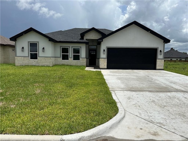 408 Janet Cir N, La Feria, TX 78559 - ranch-style home with stone siding, a garage, driveway, a front yard, and a shingled roof