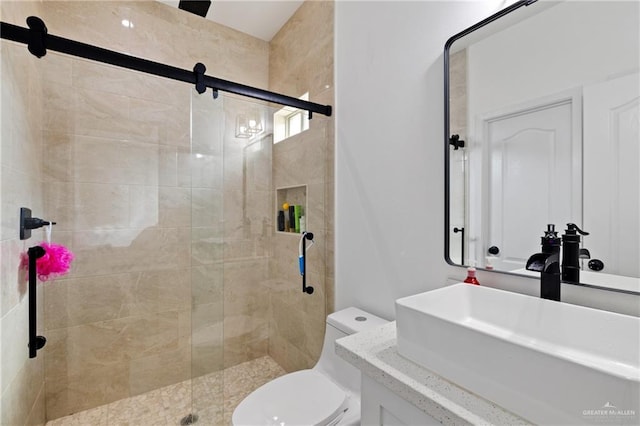 bathroom with vanity, toilet, and walk in shower