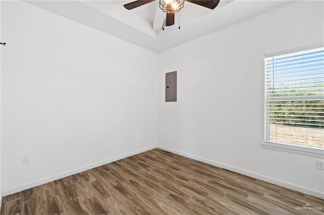 unfurnished room with wood-type flooring, electric panel, plenty of natural light, and ceiling fan