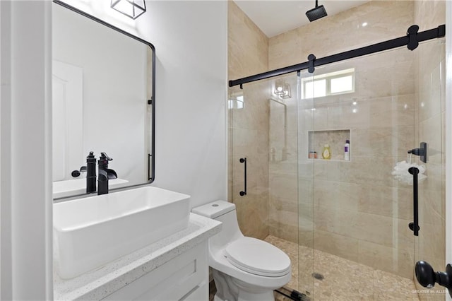 bathroom with a shower with door, vanity, and toilet