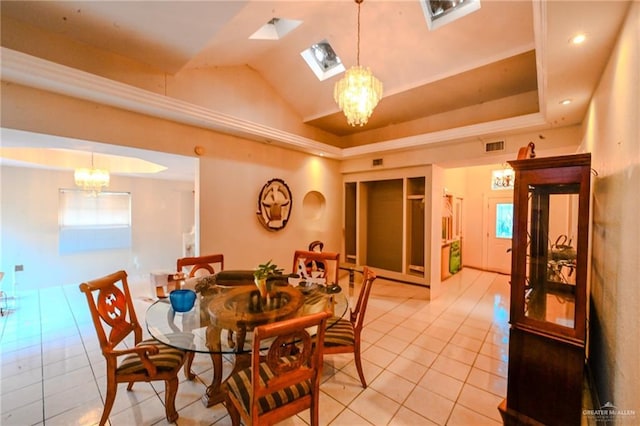 tiled dining area with a chandelier, a raised ceiling, and lofted ceiling