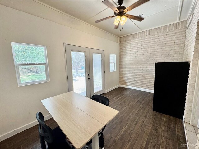 4208 Country St, Edinburg, TX 78541 - dining space with french doors, baseboards, ceiling fan, healthy amount of natural light, and brick wall