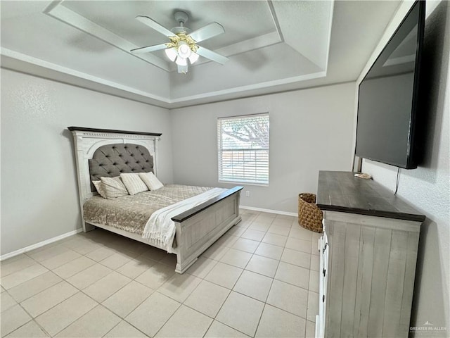 4208 Country St, Edinburg, TX 78541 - bedroom featuring a raised ceiling, light tile patterned floors, baseboards, and ceiling fan