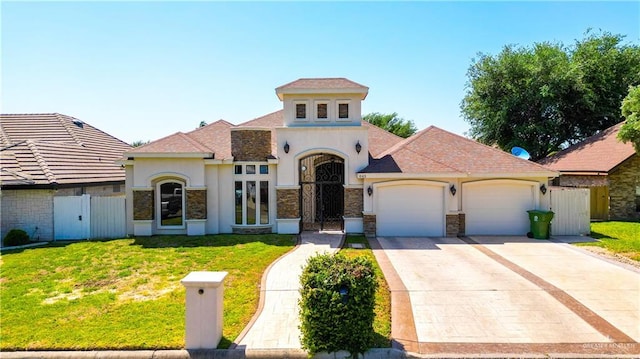 843 Brady Ave, Alamo, TX 78516 - mediterranean / spanish home with driveway, fence, a garage, a front yard, and stucco siding