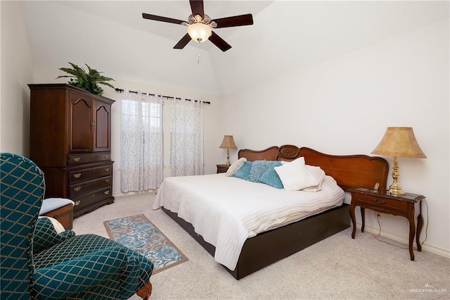 2800 San Ricardo St, Mission, TX 78572 - bedroom with light carpet, vaulted ceiling, and a ceiling fan