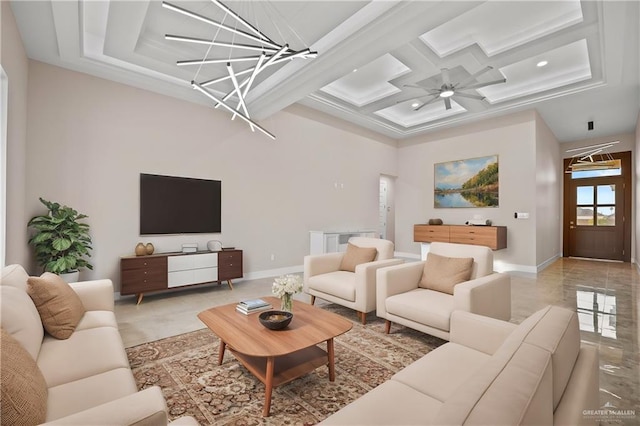 living room with coffered ceiling, ceiling fan with notable chandelier, and beamed ceiling