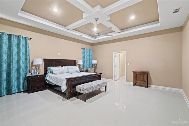 tiled bedroom featuring coffered ceiling and ceiling fan