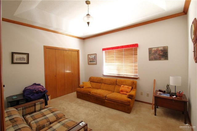 carpeted living room with ornamental molding