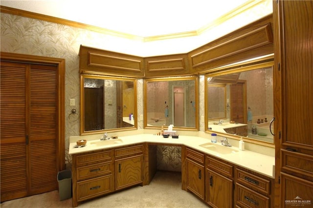 bathroom with vanity and ornamental molding