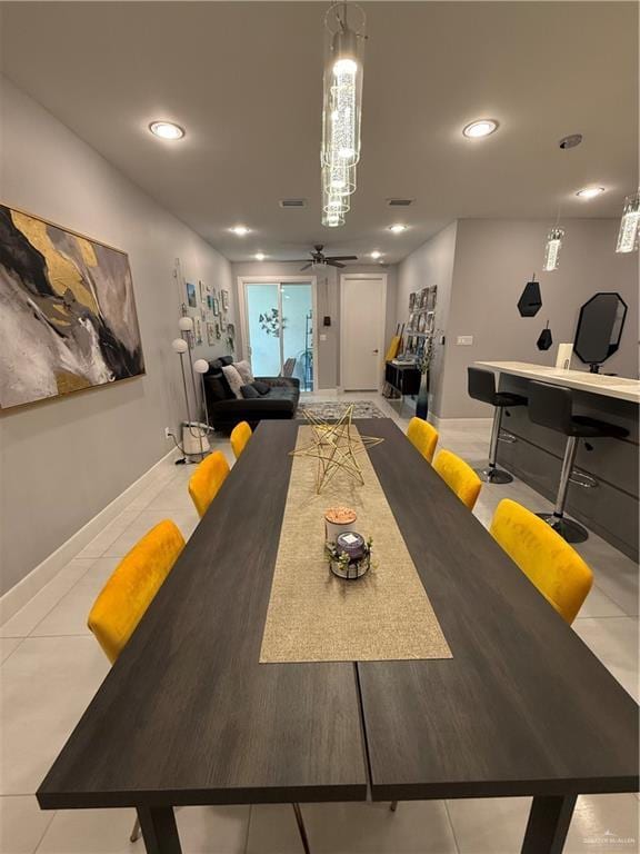 game room with baseboards, light tile patterned flooring, a ceiling fan, and recessed lighting