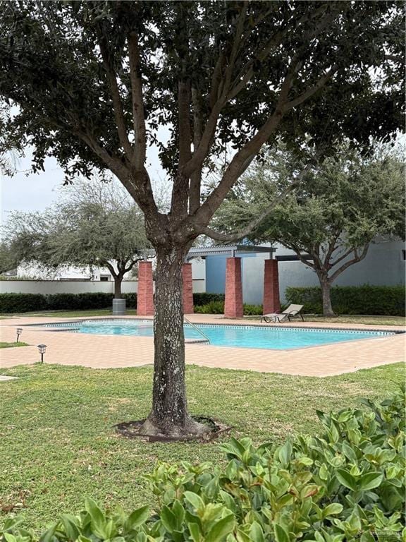 view of pool featuring a yard