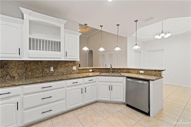 3213 Academy Ave, Edinburg, TX 78541 - kitchen featuring dishwasher, dark stone counters, light tile patterned floors, tasteful backsplash, and white cabinets