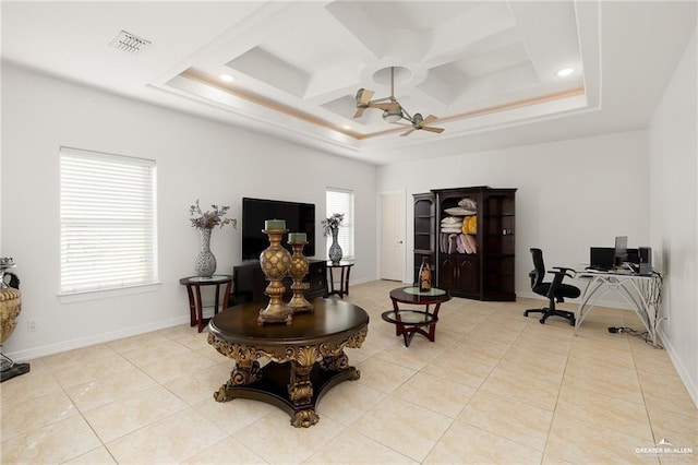 3213 Academy Ave, Edinburg, TX 78541 - living area featuring a desk, light tile patterned floors, coffered ceiling, and recessed lighting