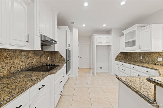 3213 Academy Ave, Edinburg, TX 78541 - kitchen featuring black electric stovetop, dark stone countertops, white cabinets, under cabinet range hood, and recessed lighting