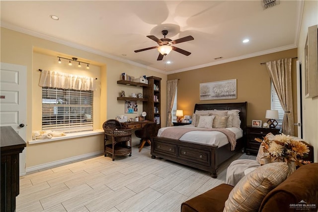 bedroom with crown molding and ceiling fan