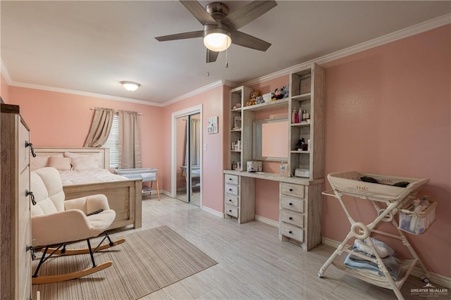 bedroom with ornamental molding, ceiling fan, and light hardwood / wood-style flooring