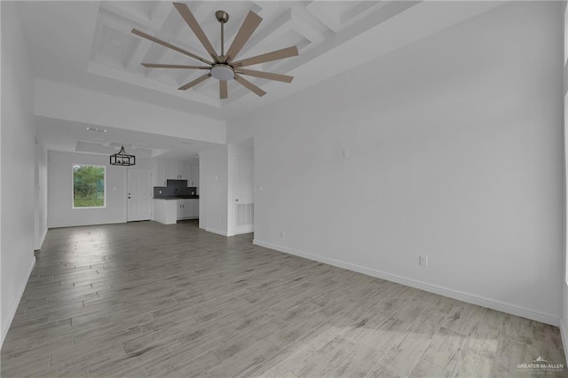 unfurnished living room featuring ceiling fan and light wood-type flooring