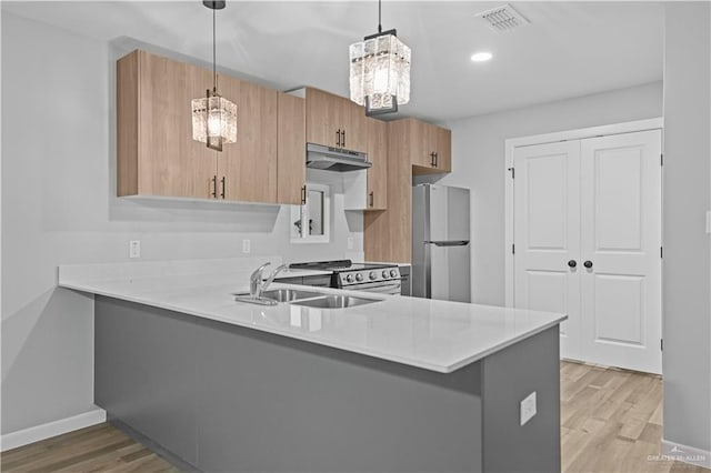 kitchen featuring a peninsula, a sink, light countertops, under cabinet range hood, and appliances with stainless steel finishes