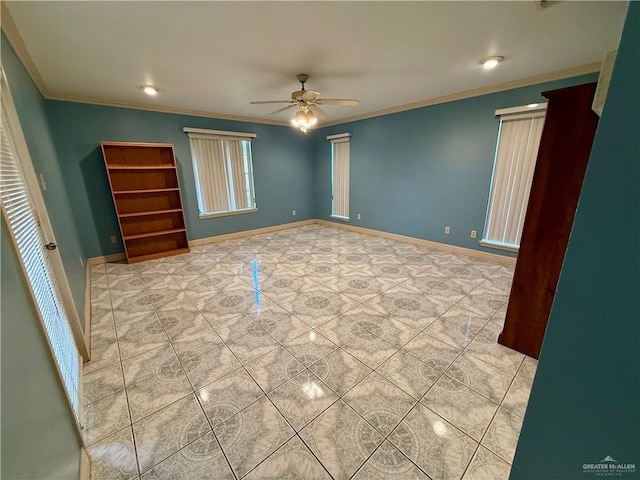 6501 Magnum Rd, Mission, TX 78573 - spare room with ceiling fan, light tile patterned floors, crown molding, and recessed lighting