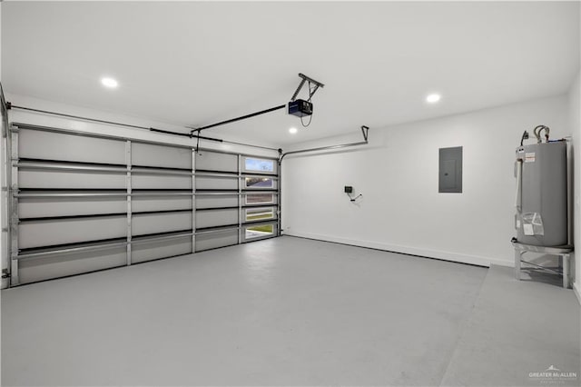 garage featuring electric panel, a garage door opener, and water heater