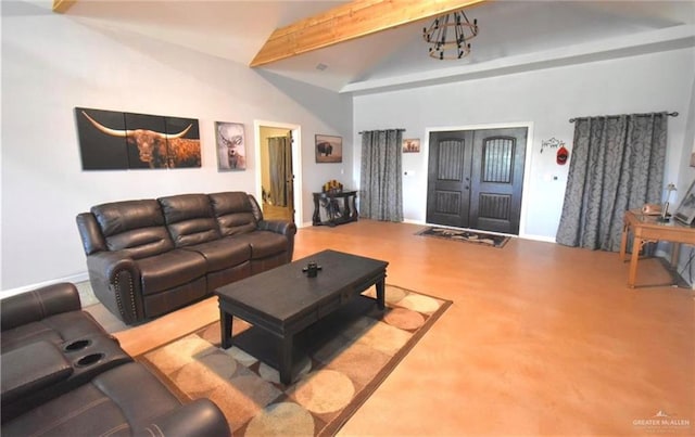 living room with lofted ceiling with beams