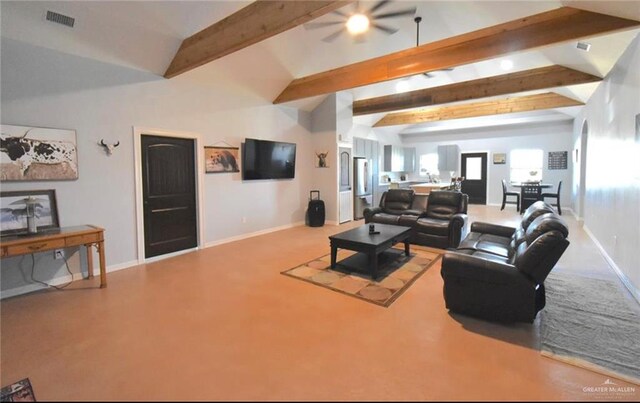 living room with vaulted ceiling with beams and ceiling fan