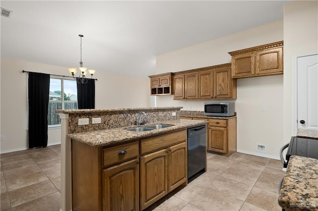2002 Butkus Dr, Edinburg, TX 78542 - kitchen with black appliances, a chandelier, a sink, baseboards, and decorative light fixtures