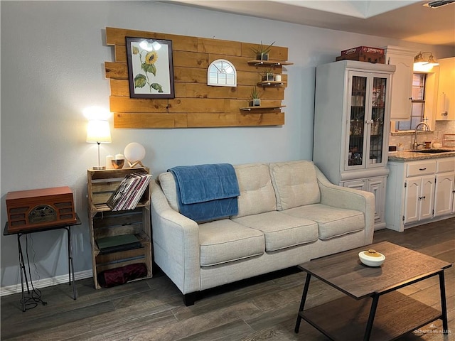 living room with sink and dark hardwood / wood-style floors