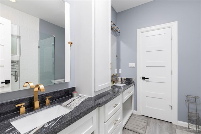 1803 Lago Michigan St, Edinburg, TX 78542 - bathroom with double vanity, a shower stall, and wood finished floors
