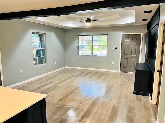 interior space featuring light hardwood / wood-style flooring, plenty of natural light, and a raised ceiling
