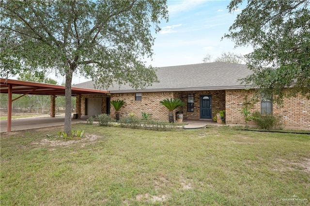 single story home with a garage and a front lawn