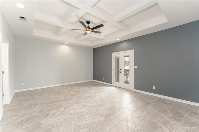 1711 Lago Delton, Edinburg, TX 78542 - unfurnished room featuring coffered ceiling, ceiling fan, baseboards, beamed ceiling, and recessed lighting