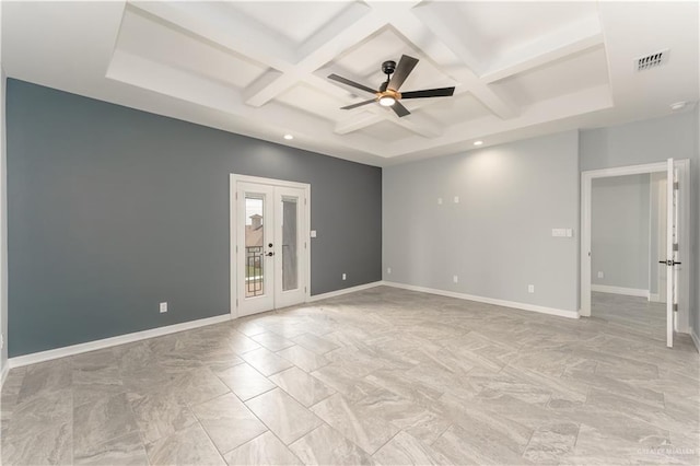 1711 Lago Delton, Edinburg, TX 78542 - unfurnished room featuring french doors, coffered ceiling, ceiling fan, baseboards, and beamed ceiling