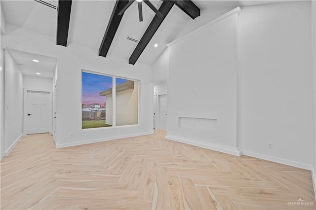 unfurnished living room with vaulted ceiling with beams, light parquet floors, and ceiling fan