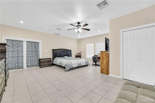 3613 Los Lagos Dr, Edinburg, TX 78542 - bedroom featuring a ceiling fan, baseboards, visible vents, and light tile patterned floors