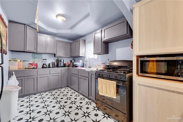 2304 Jose De La Cruz Rd, Mission, TX 78574 - kitchen featuring black gas range oven, stainless steel microwave, gray cabinetry, light flooring, and a raised ceiling