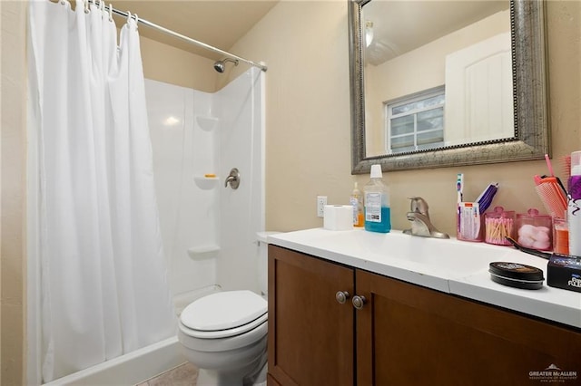 bathroom with walk in shower, vanity, and toilet