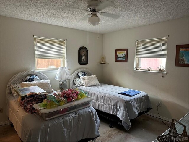 42 E Cherokee Dr, Harlingen, TX 78550 - bedroom featuring carpet flooring, a ceiling fan, a textured ceiling, and baseboards
