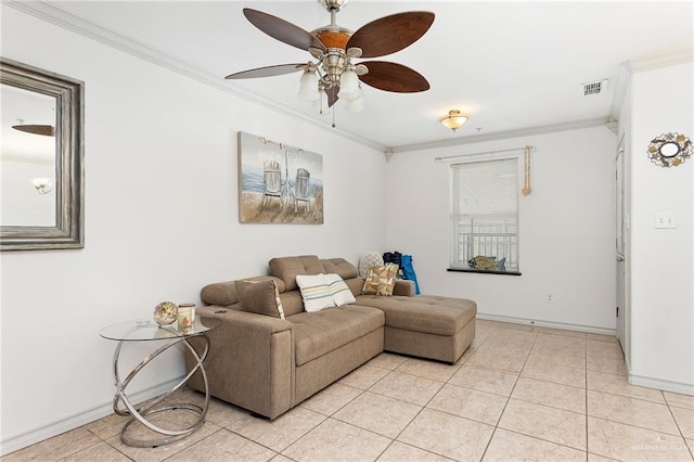 living room with crown molding, light tile patterned floors, and ceiling fan