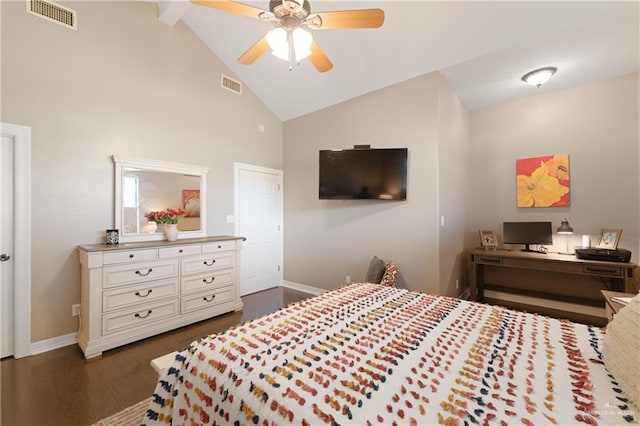 bedroom featuring ceiling fan, high vaulted ceiling, and dark wood-type flooring